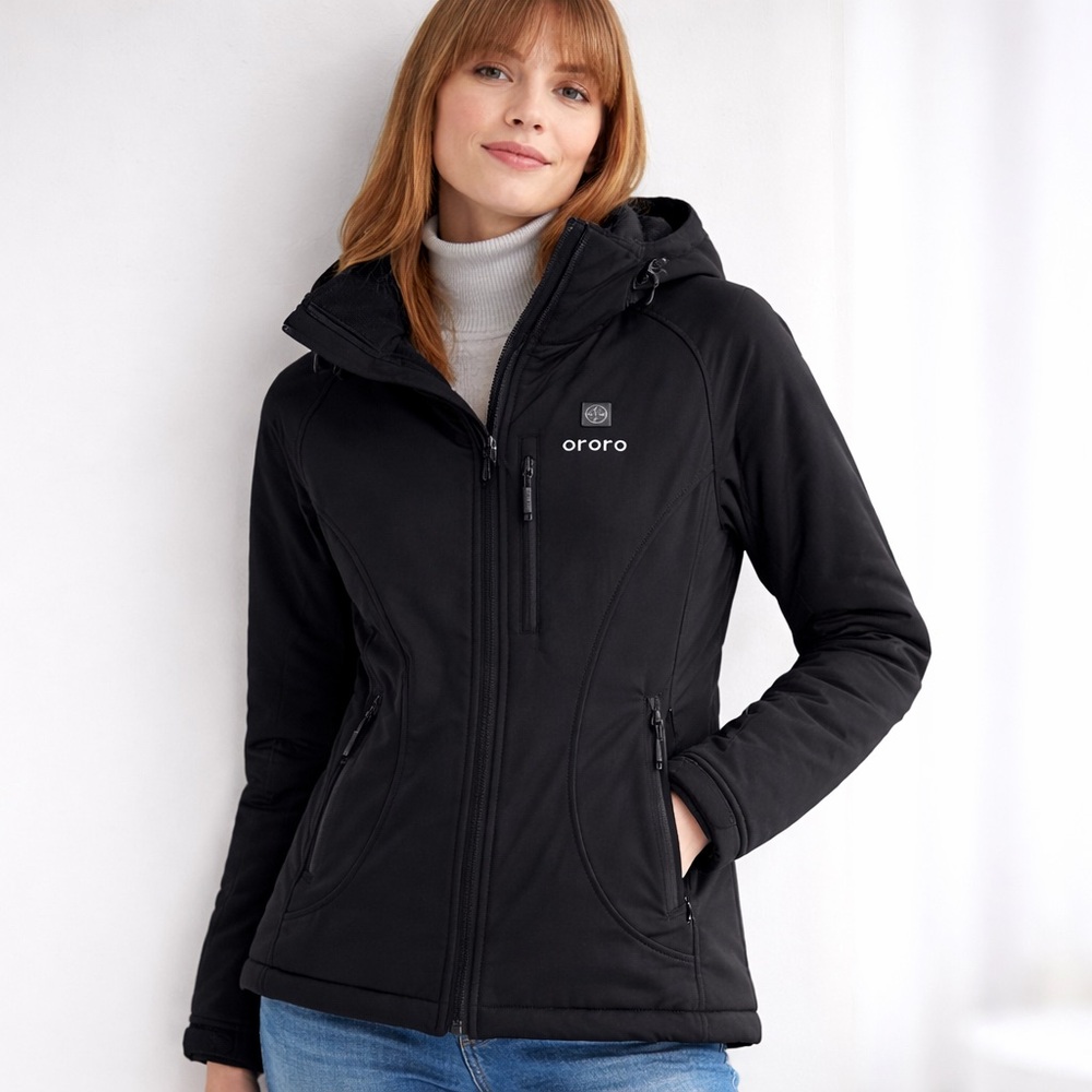 Ororo Heated Jacket Women’s Small Black Hooded Softshell Zip Jacket